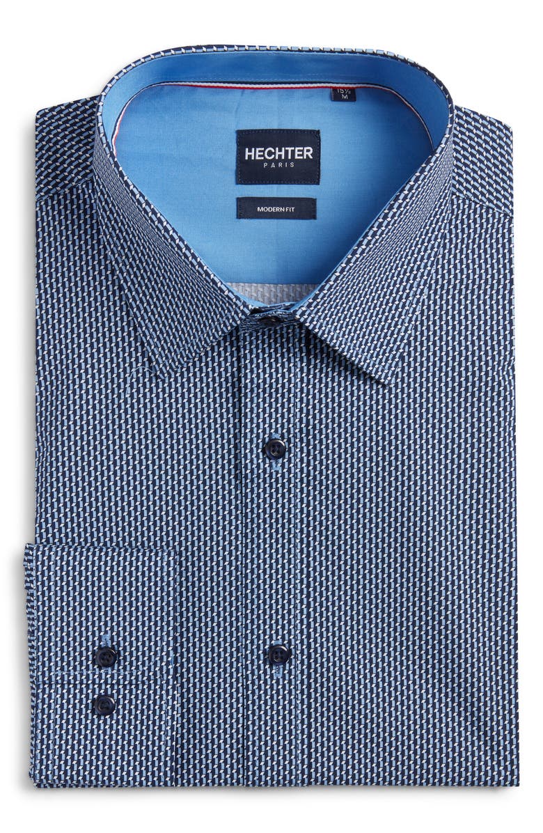 DANIEL HECHTER Paris Modern Fit Blue Geometric Print Cotton Dress Shirt, Alternate, color, 