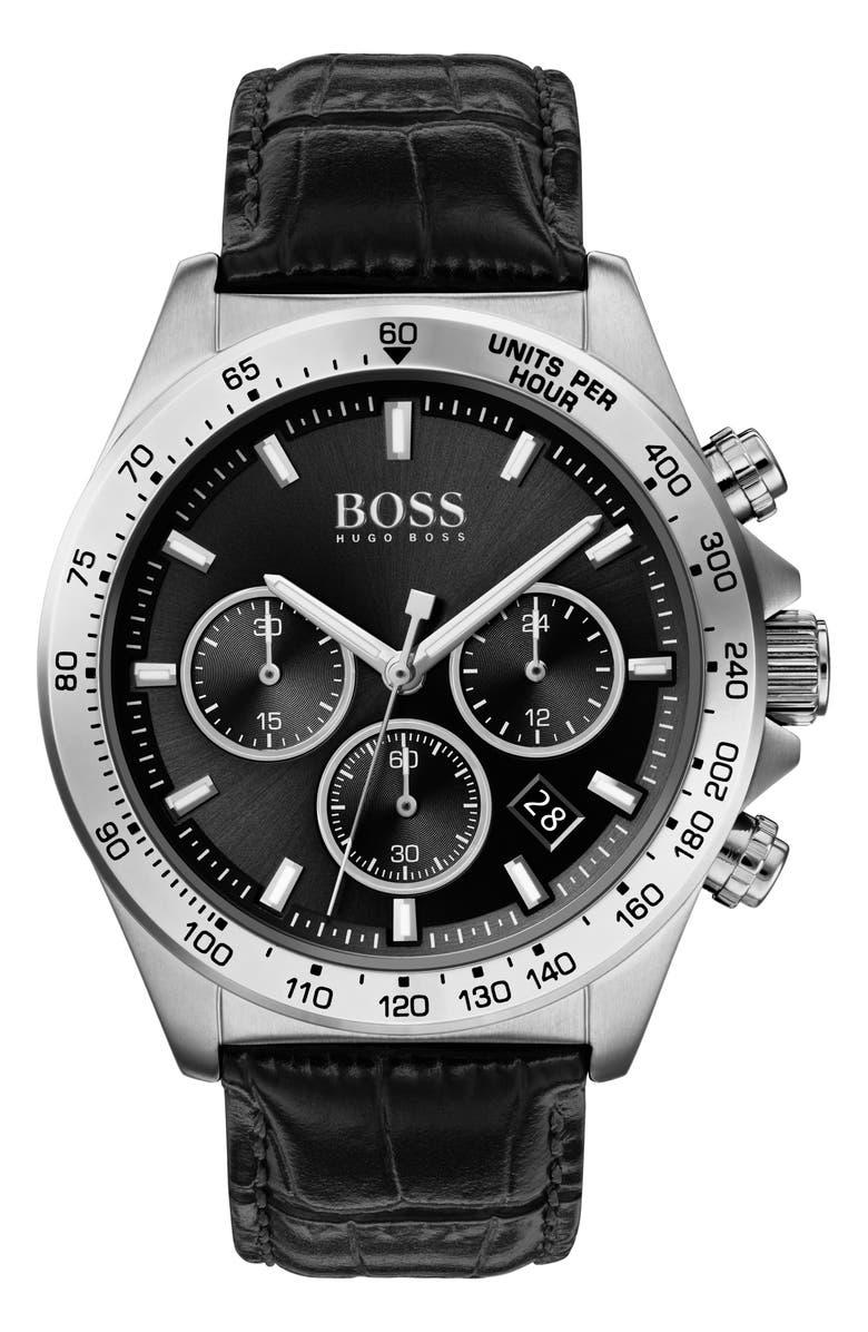 BOSS Hero Chronograph Leather Strap Watch, 43mm, Main, color, 
