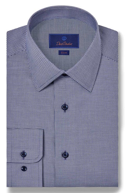 Slim Fit Micro Houndstrooth Stretch Cotton Twill Dress Shirt