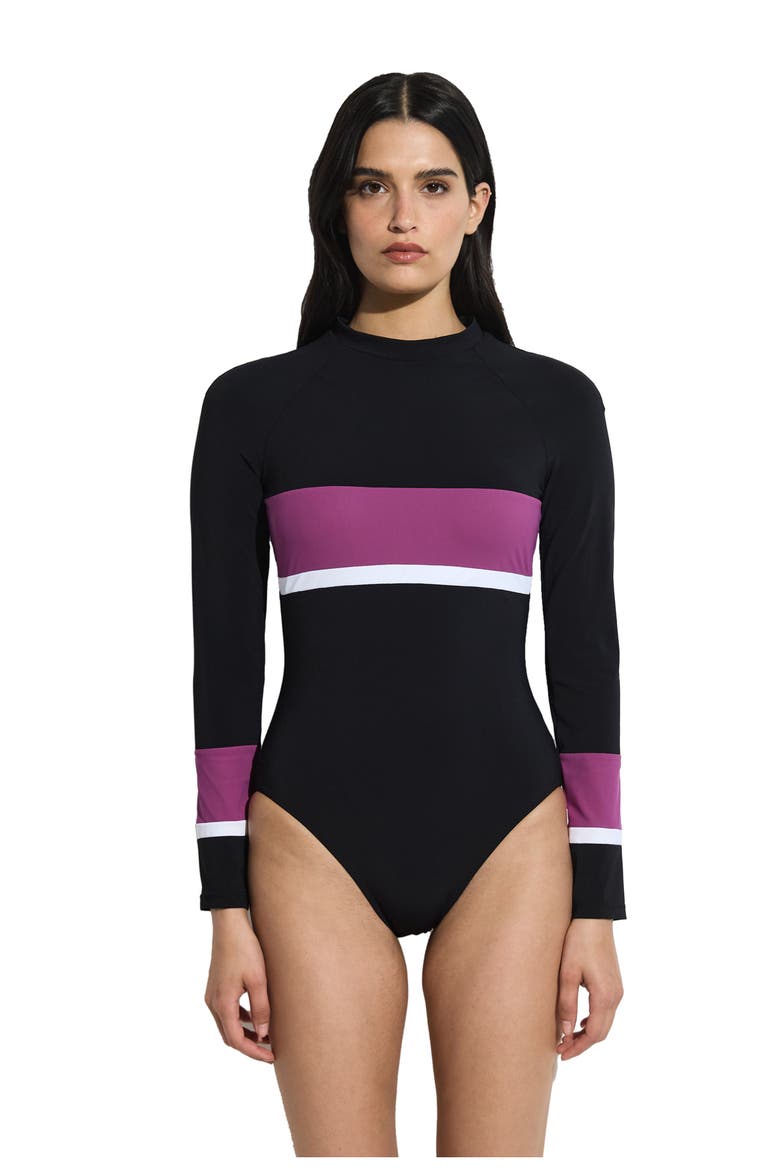 Aqua Chic Long Sleeve One Piece, Main, color, Black-Purple