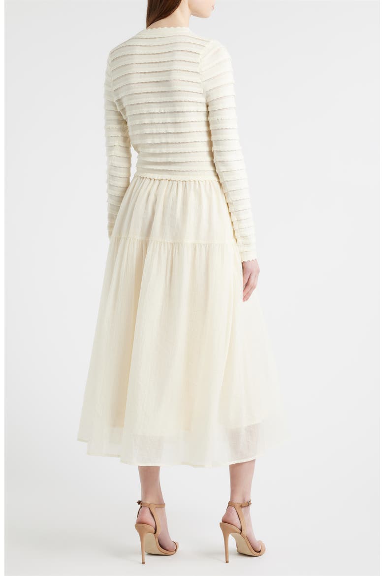 Mixed Media Long Sleeve Scallop Stitch Tiered Midi Dress, Alternate, color, IVORY