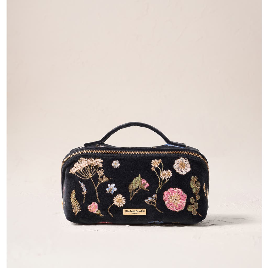 Elizabeth Scarlett Pressed Flowers Velvet Open Flat Makeup Bag In Black