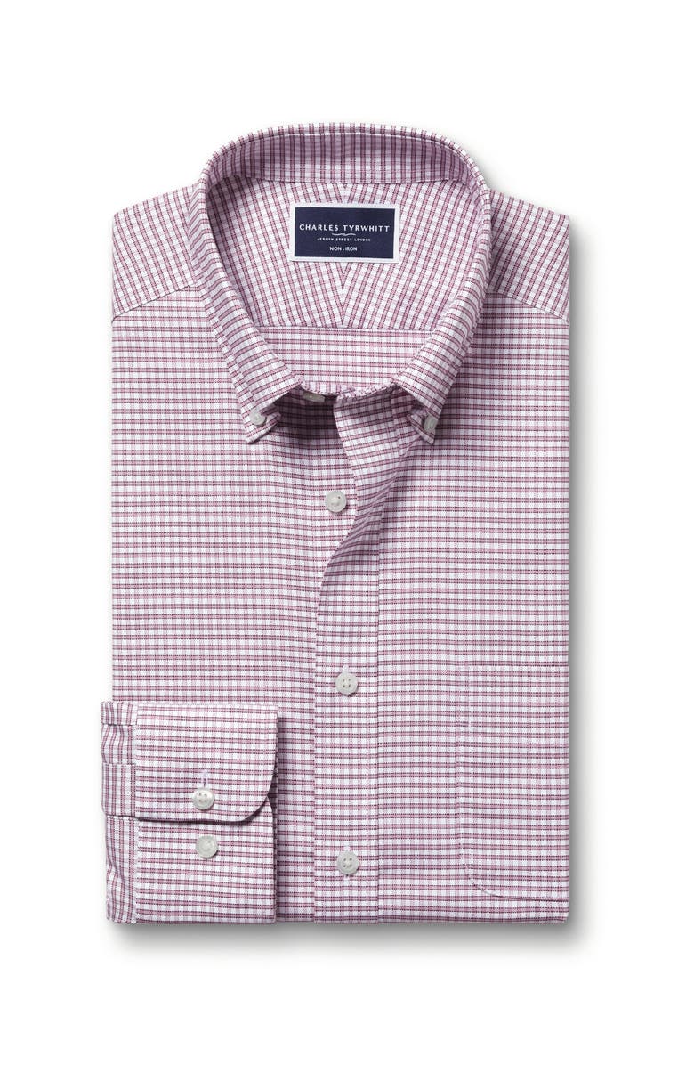 Charles Tyrwhitt Slim Fit Button-Down Collar Non-Iron Stretch Check Oxford Shirt, Alternate, color, Claret Pink