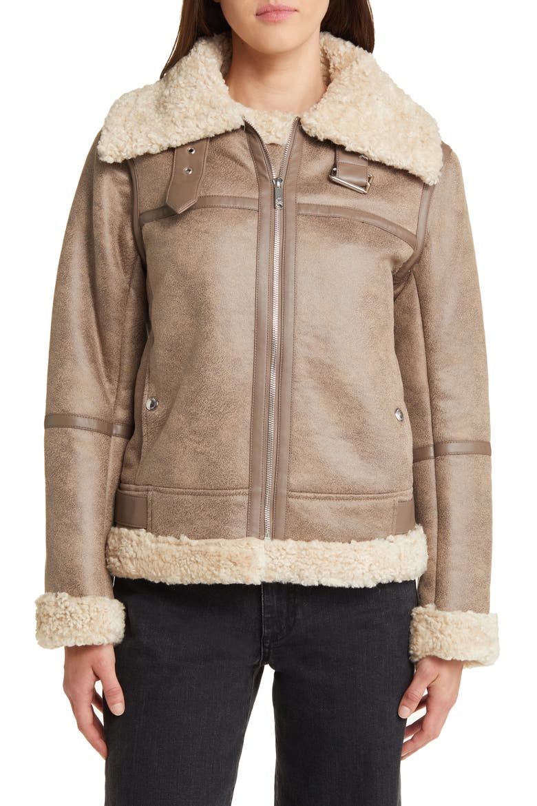 Faux Shearling Aviator Jacket, Main, color, LIGHT KHAKI