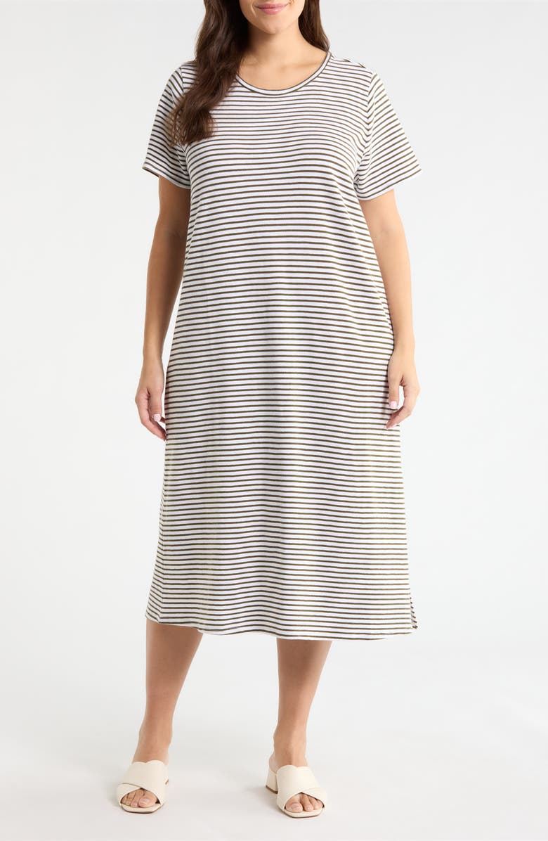 Eileen Fisher Stripe T-Shirt Midi Dress, Main, color, Olive