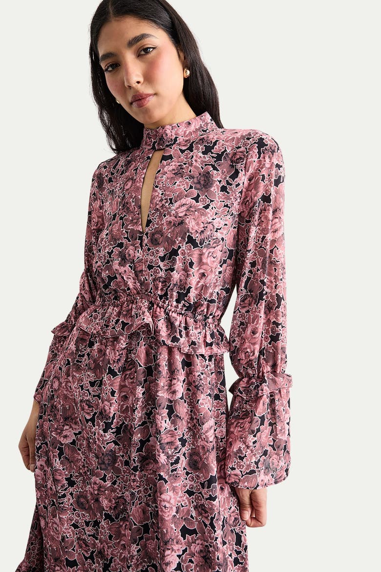 Chiffon Shirred High Neck Midi Dress, Alternate, color, Chocolate