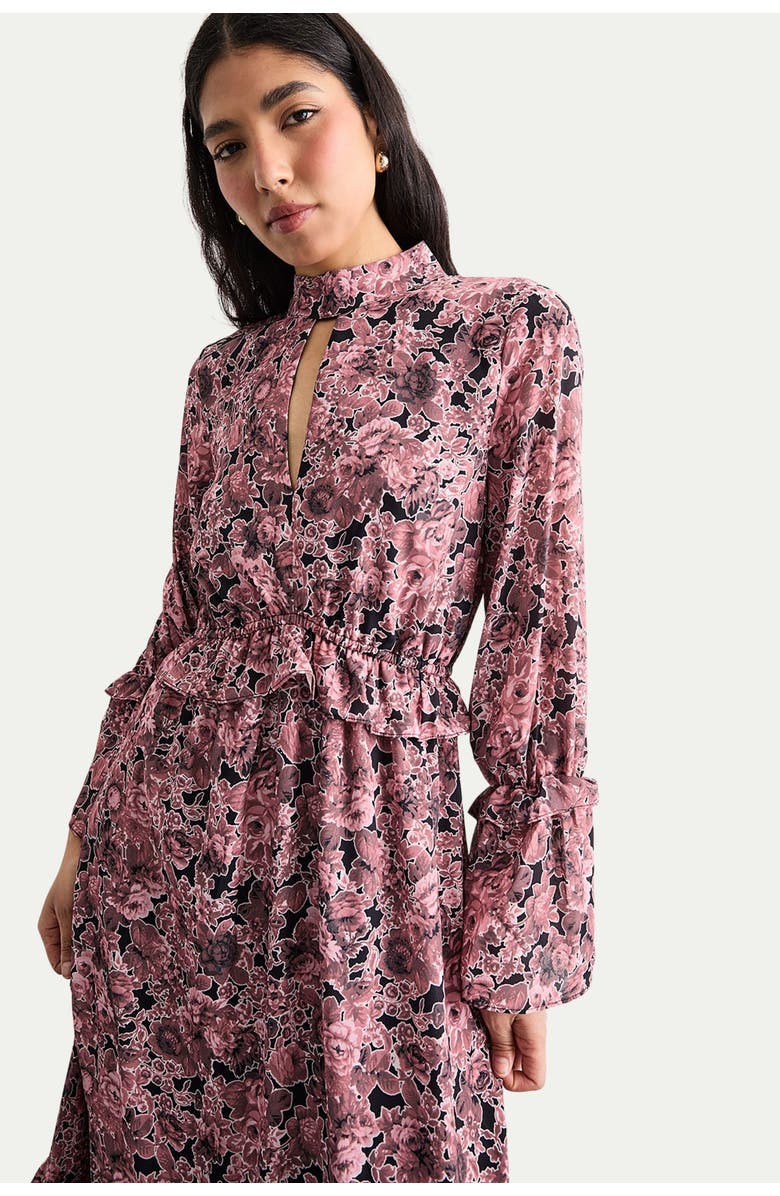 Warehouse Chiffon Shirred High Neck Midi Dress, Alternate, color, Chocolate