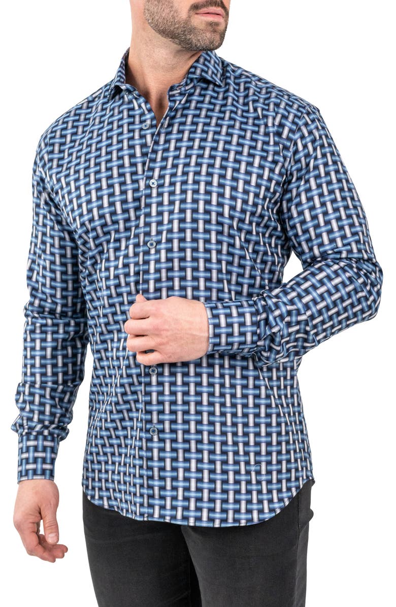 Maceoo Einstein Jacqdigiweave Blue Contemporary Fit Cotton Blend Button-Up Shirt, Alternate, color,