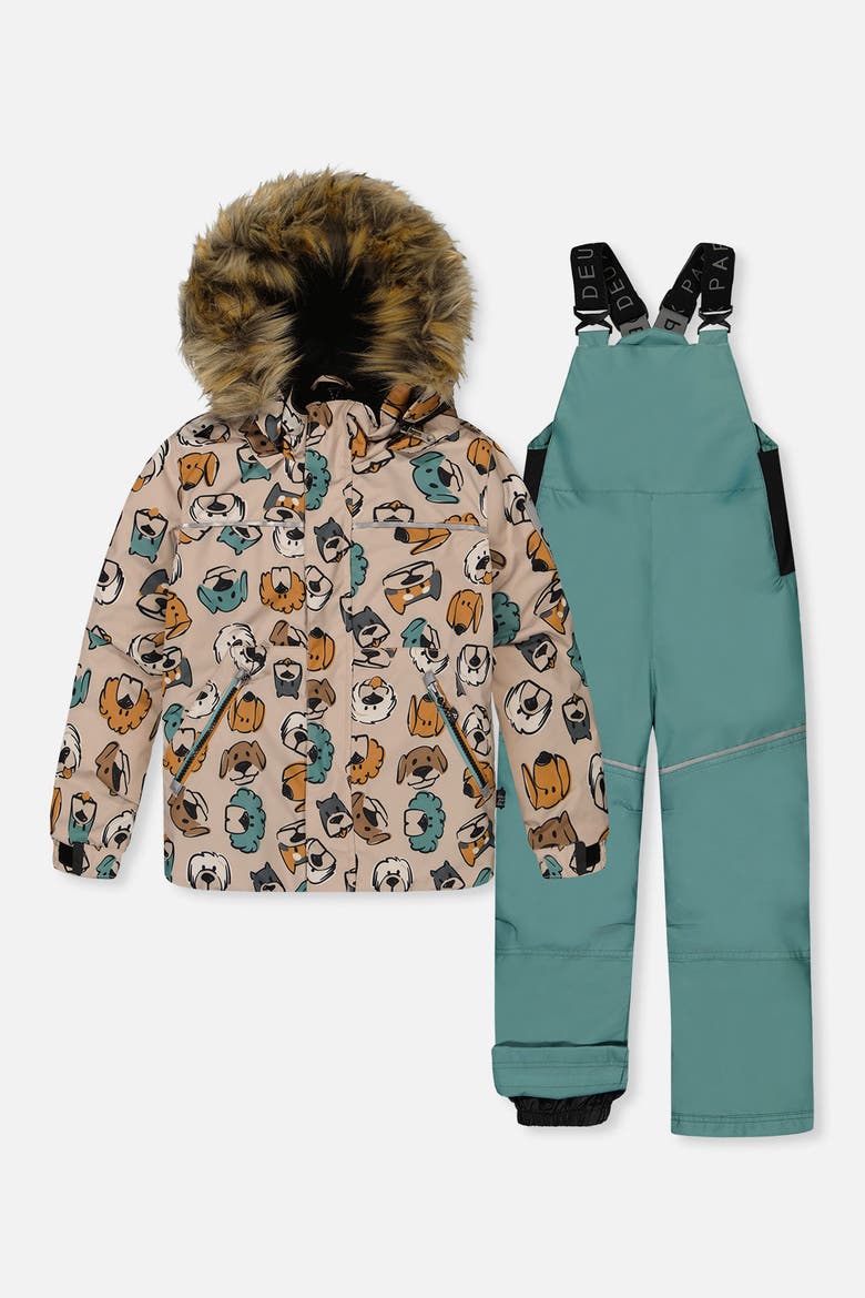 Discover Dog Fleece Jacket Snow Pants Two Piece Snowsuit, Main, color, Beige Printed with Dogs