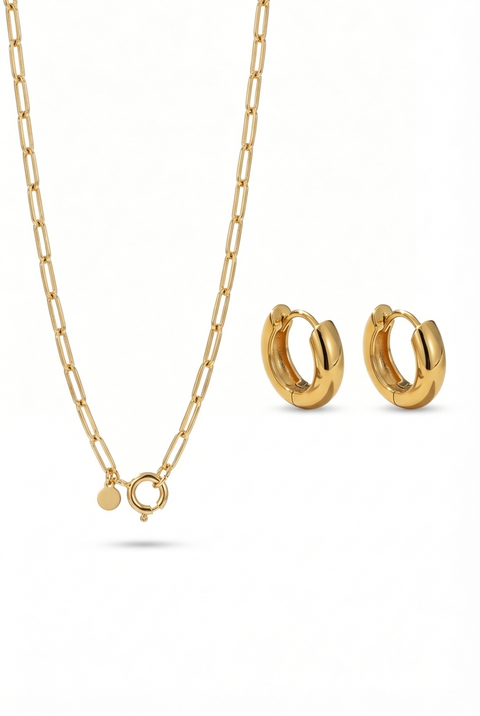 18K Gold Plated Chain Necklace And Huggie Earring Set