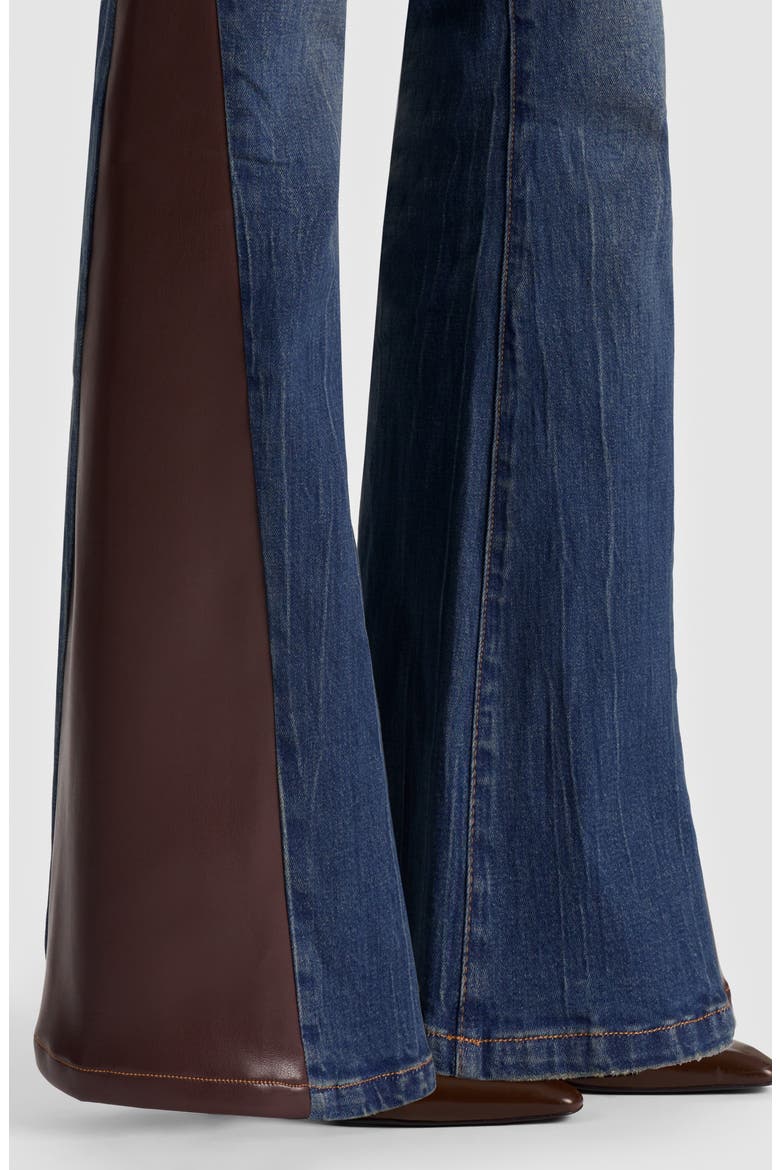 Faux Leather Godet High Waist Flare Jeans, Alternate, color, GEORGETTE BLUE/ DARK CHOCOLATE