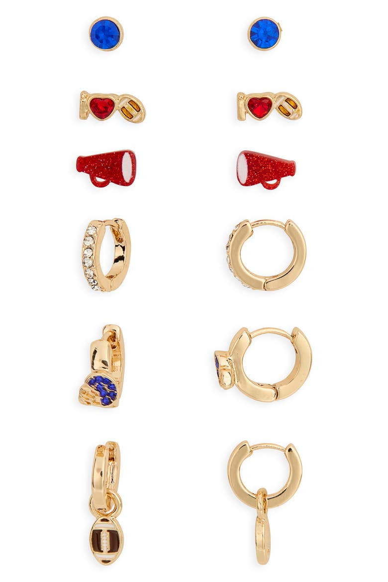 Set of 6 Football Stud Earrings, Main, color, BROWN MULTI- GOLD