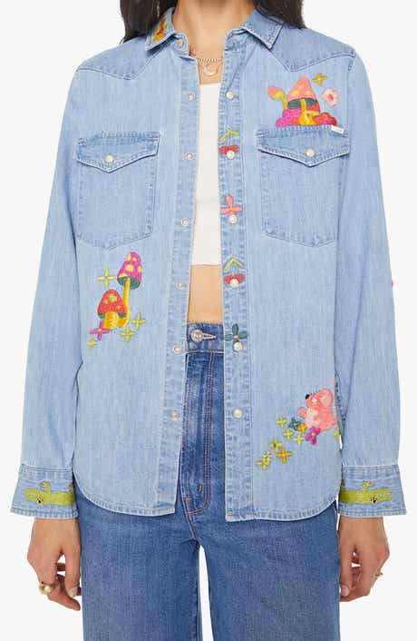 MOTHER The Honey Embroidered Denim Snap-Up Shirt