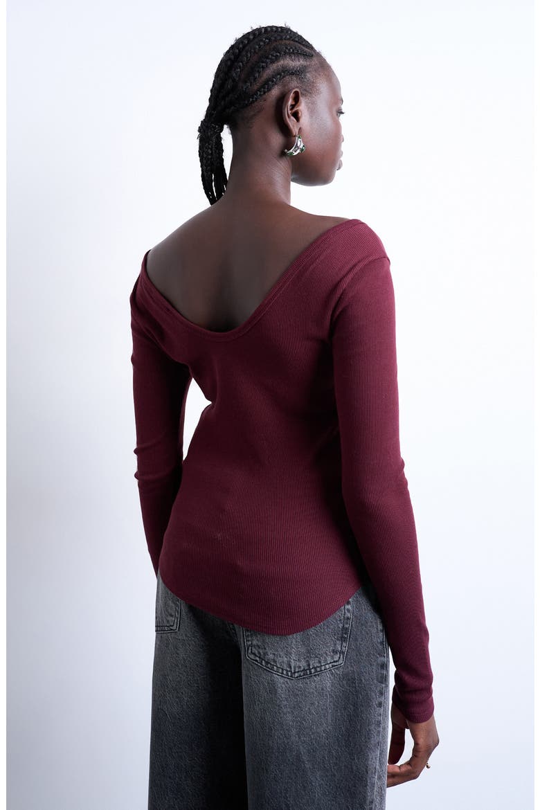 Double V-Neck Long Sleeve Stretch Cotton Rib Top, Alternate, color, BURGUNDY
