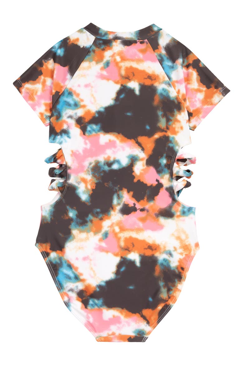 Kids' Cutout One-Piece Rashguard Swimsuit, Alternate, color, BLACK- WHITE MULTI TIE DYE