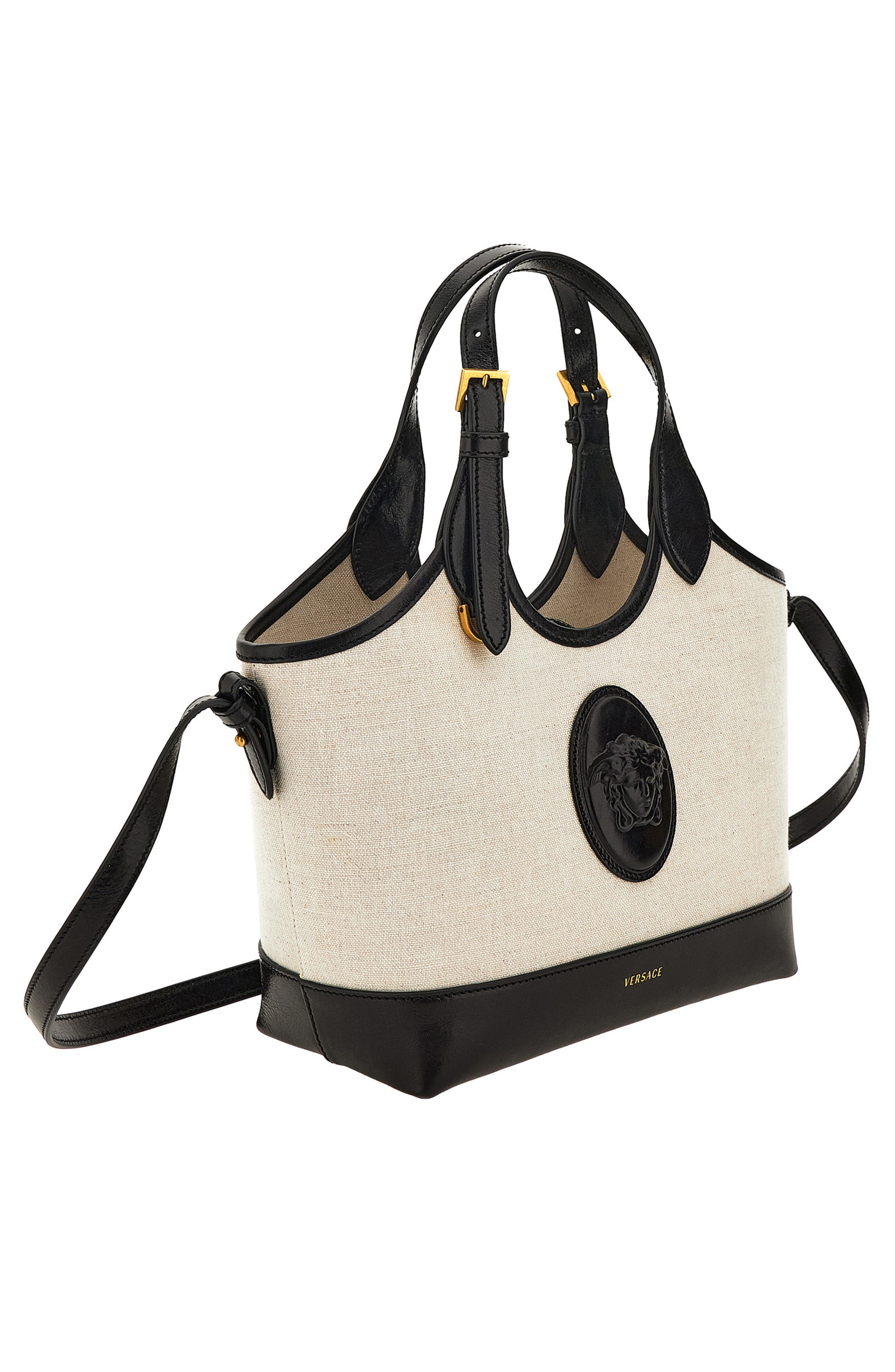 Versace Small La Medusa Canvas & Leather Tote, Alternate, color, Beige Black-Gold 82