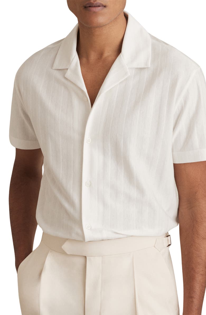 Reiss Sampson Textured Stripe Camp Shirt, Main, color, White
