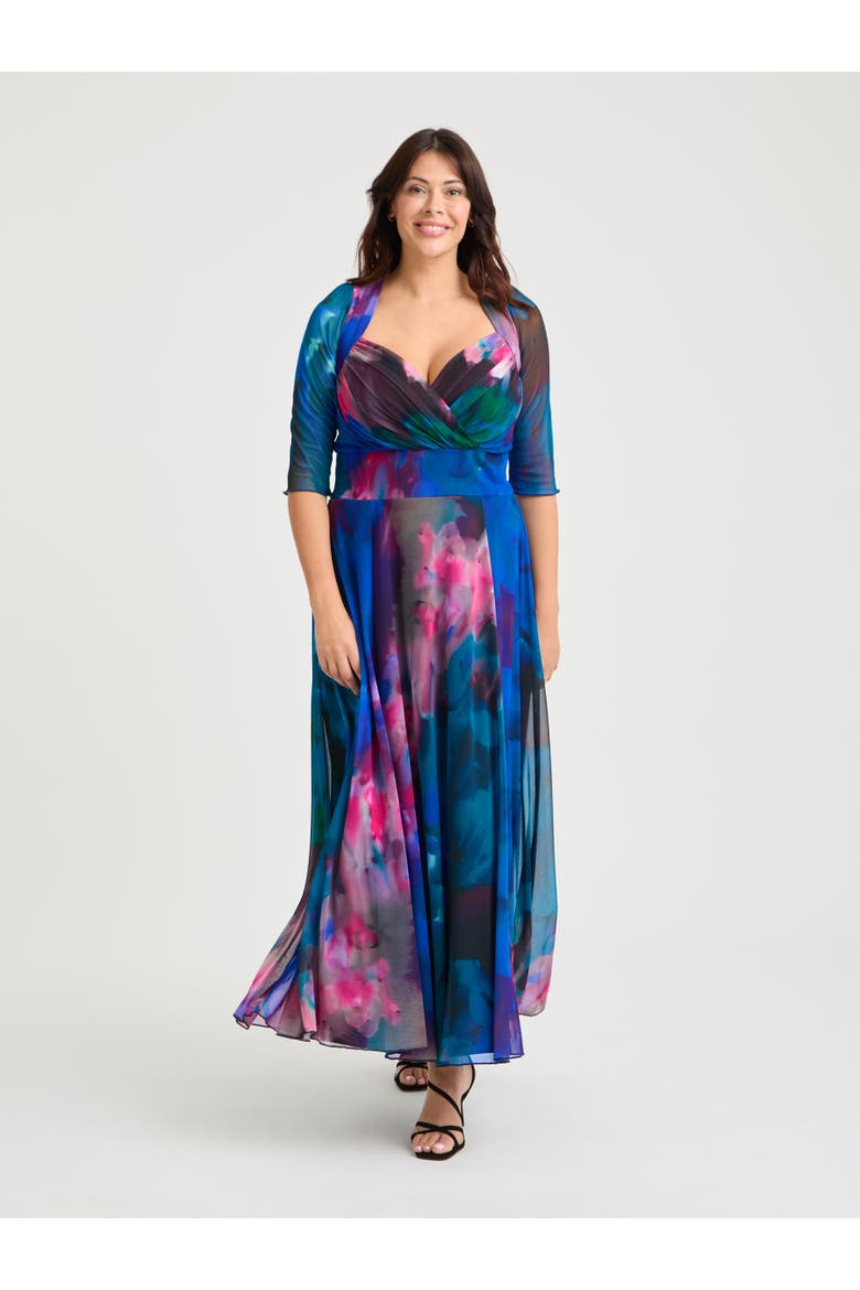 Elizabeth Floral Print Mesh Maxi Gown, Main, color, Blue Green Multi