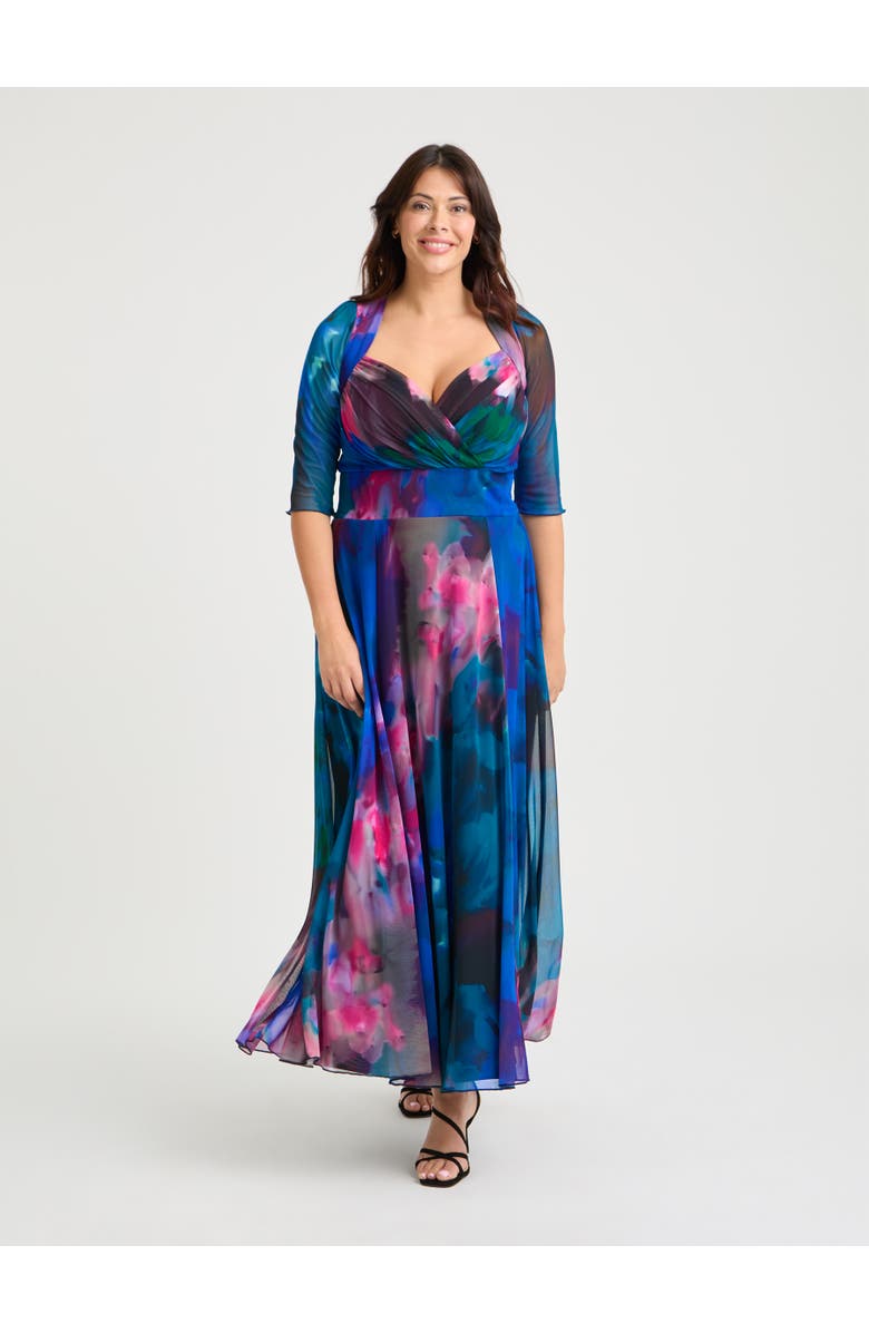 Scarlett & Jo Elizabeth Floral Print Mesh Maxi Gown, Main, color, Blue Green Multi