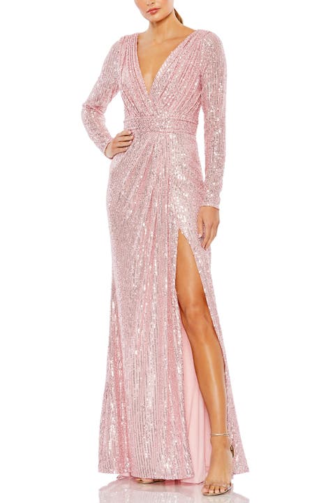 Women’s V-Neck Long Sleeve Sequin Wrap Evening Gown