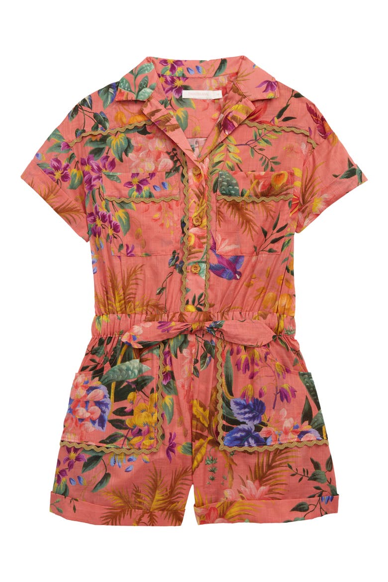 Kids' Tropicana Print Cotton Romper, Main, color, CORAL FLORAL