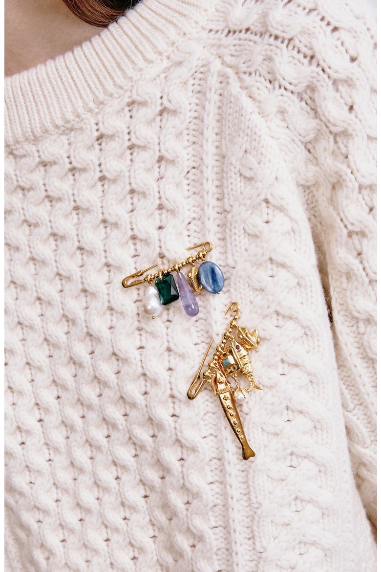 Charm Safety Pin Brooch, Alternate, color, YELLOW GOLD