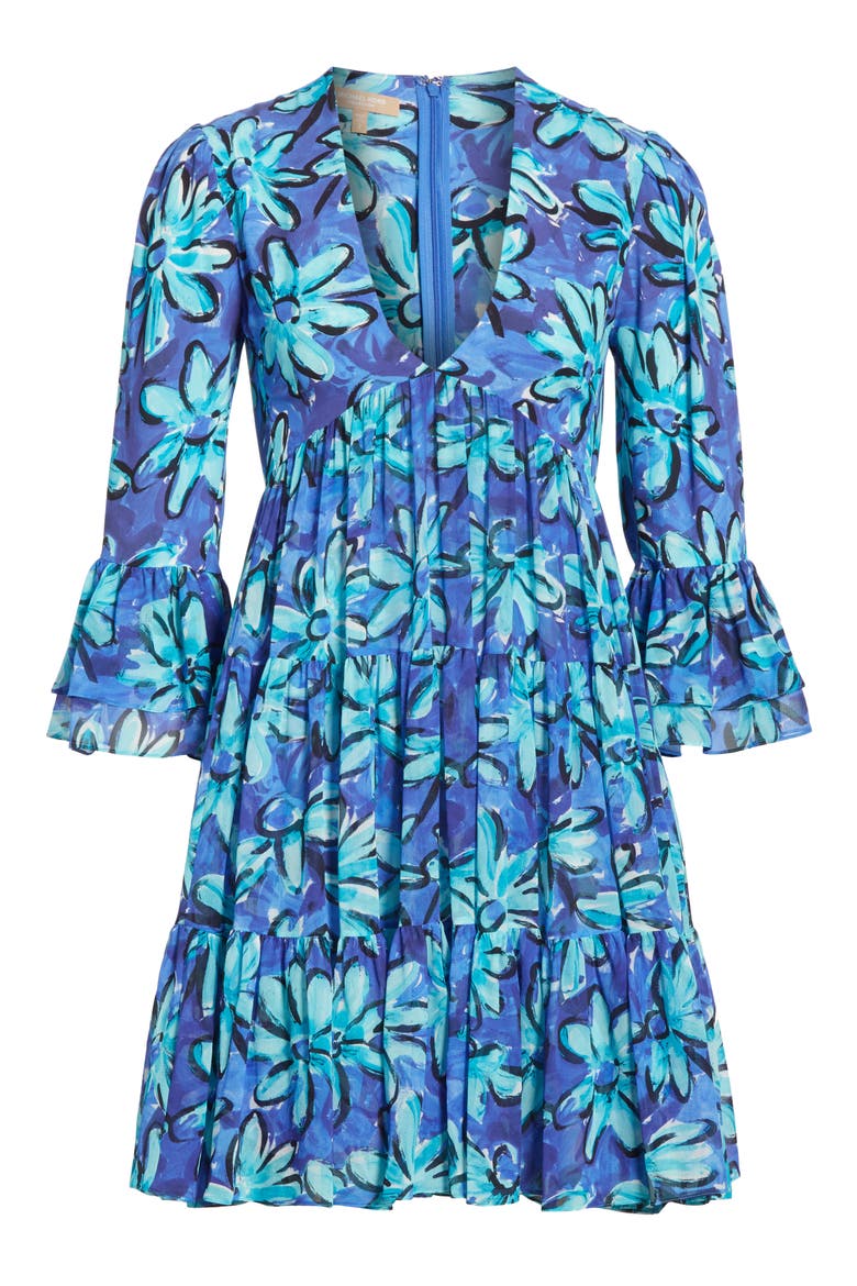 Daisy Print Tiered Silk Georgette Minidress, Alternate, color, TURQUOISE MULTI