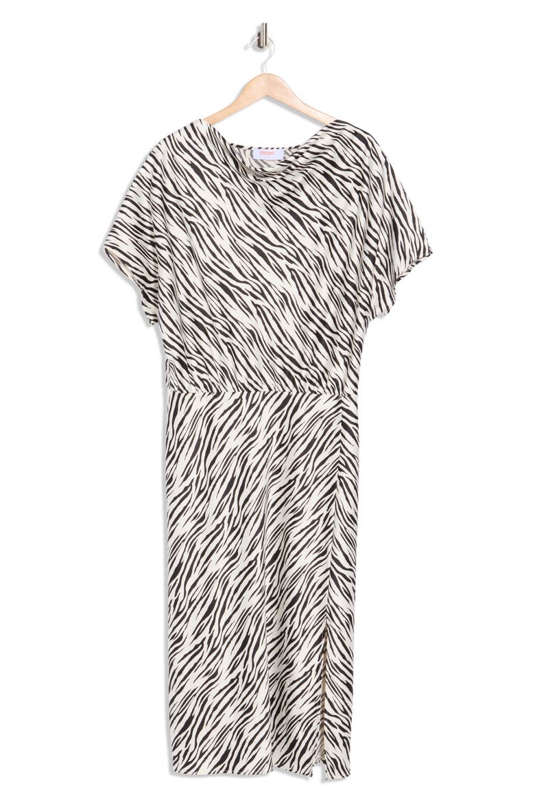 Zebra Print Short Sleeve Satin Midi Dress, Alternate, color, IVORY