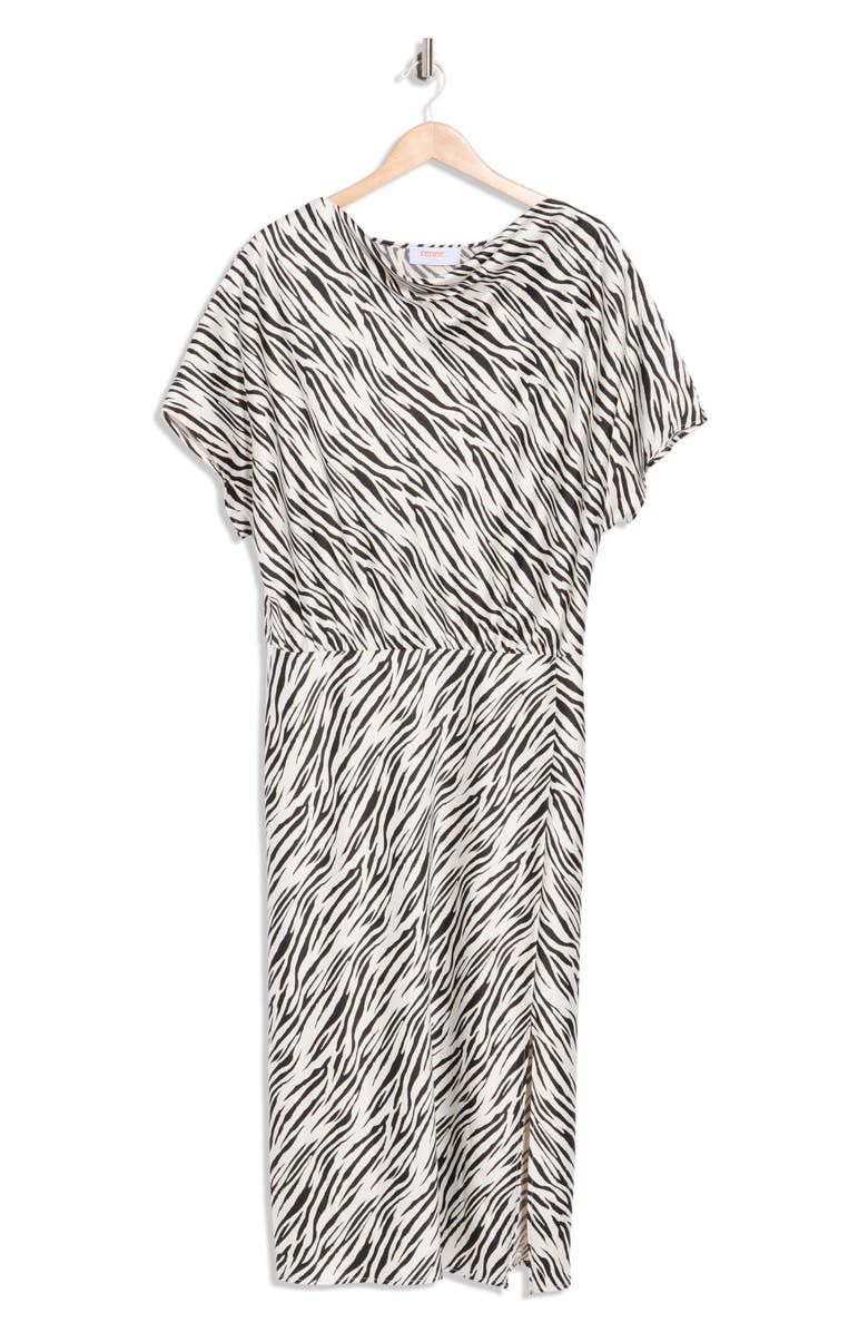 Renee C Zebra Print Short Sleeve Satin Midi Dress, Main, color, Ivory
