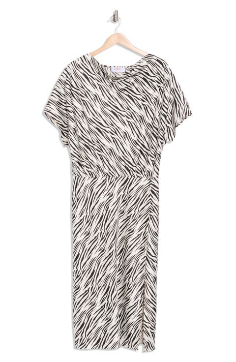 Zebra Print Short Sleeve Satin Midi Dress (Plus)