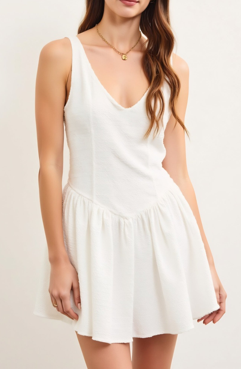 Modenaire Textured Sleeveless V-Neck Mini Dress with Flowy Drop Waist, Alternate, color, White
