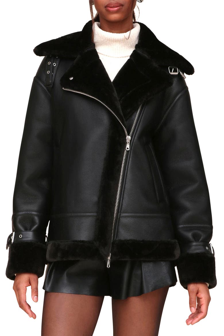 Oversize Faux Shearling Moto Jacket, Alternate, color, BLACK
