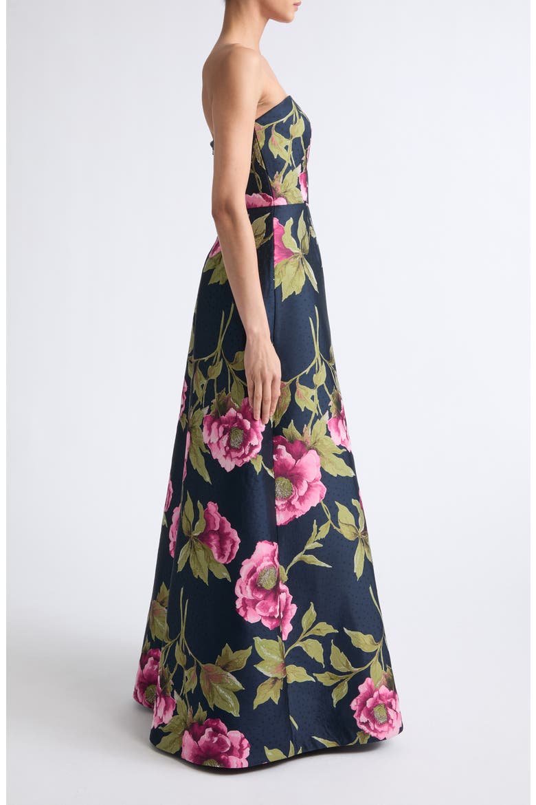 Peony Jacquard Strapless Gown, Alternate, color, MIDNIGHT MULTI