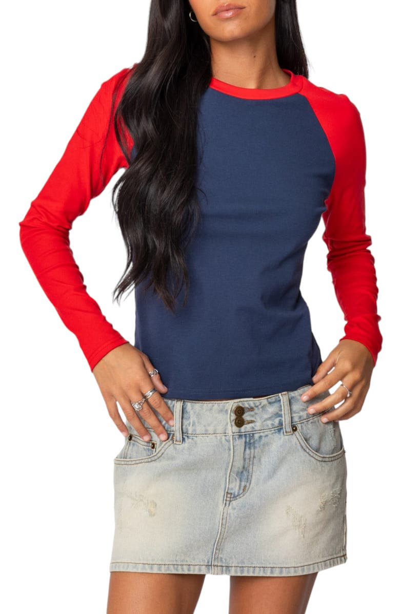 EDIKTED Tommi Stretch Cotton Baseball T-Shirt, Main, color, Navy-And-Red
