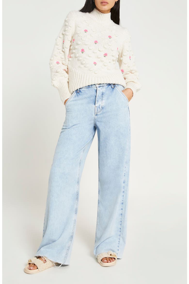 Flower Embroidered Pompom Sweater, Alternate, color, CREAM