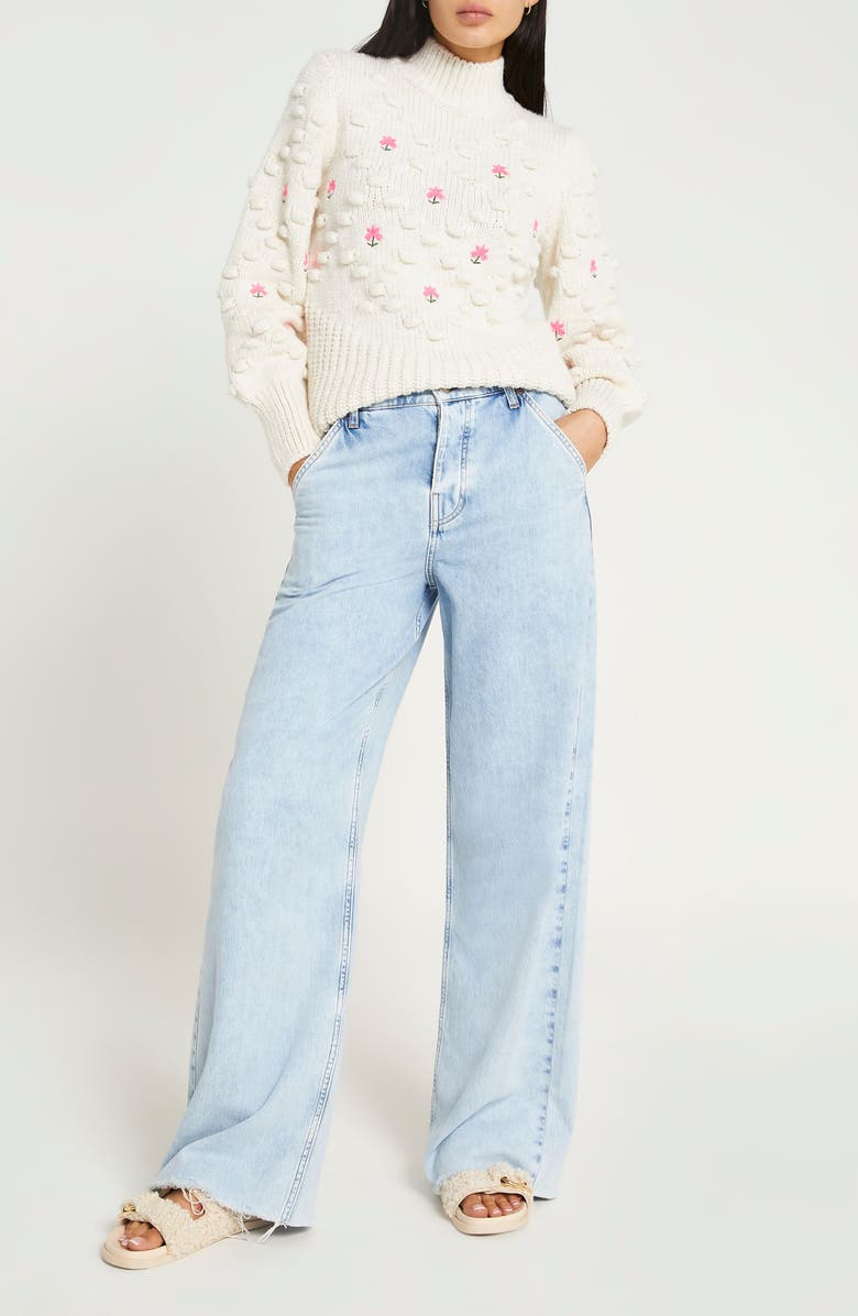 River Island Flower Embroidered Pompom Sweater, Alternate, color, 