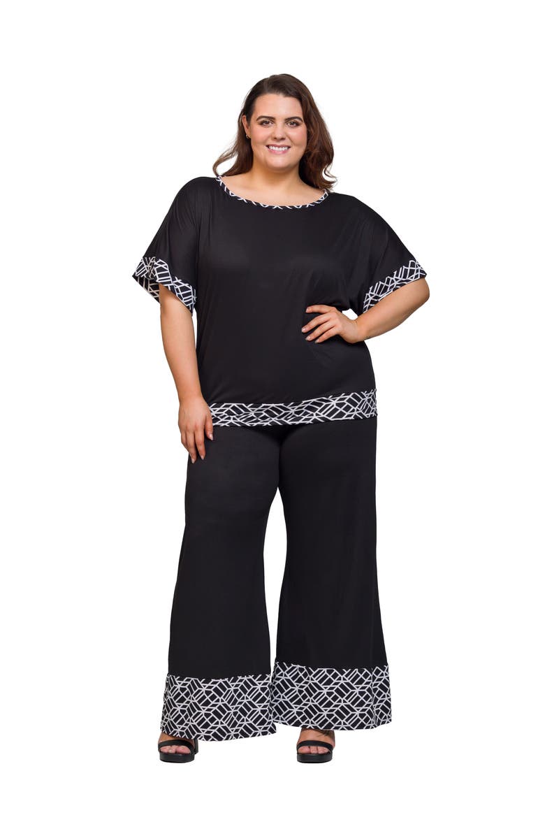 24seven Comfort Apparel Plus Size Black Two Piece Pant Set with Geometric Print Trim, Main, color, Black