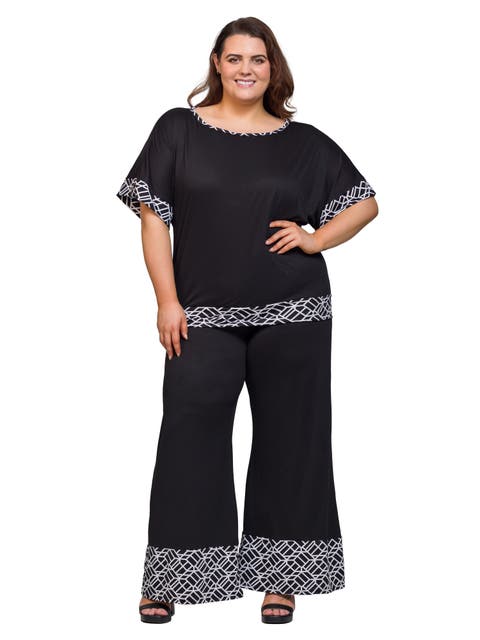 Plus Size Black Two Piece Pant Set with Geometric Print Trim