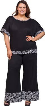 24seven Comfort Apparel Plus Size Boat Neck Dolman Sleeve Printed Trim Top and Pant Set