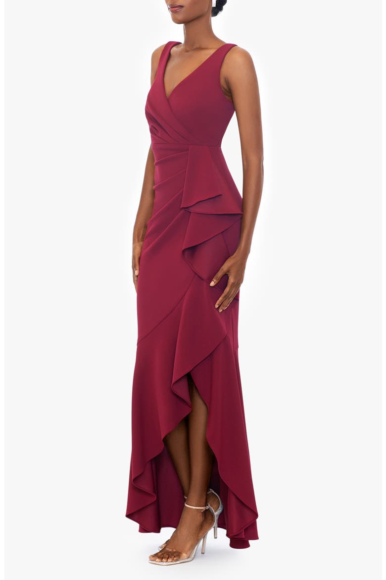 V-Neck Cascade Ruffle High-Low Gown, Alternate, color, BORDEAUX