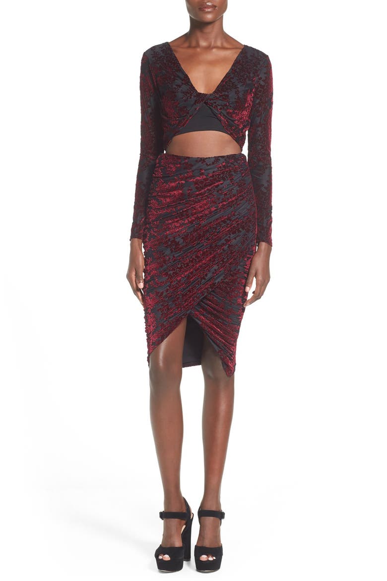 Velvet Ruched Wrap Front Skirt, Alternate, color, BURGUNDY
