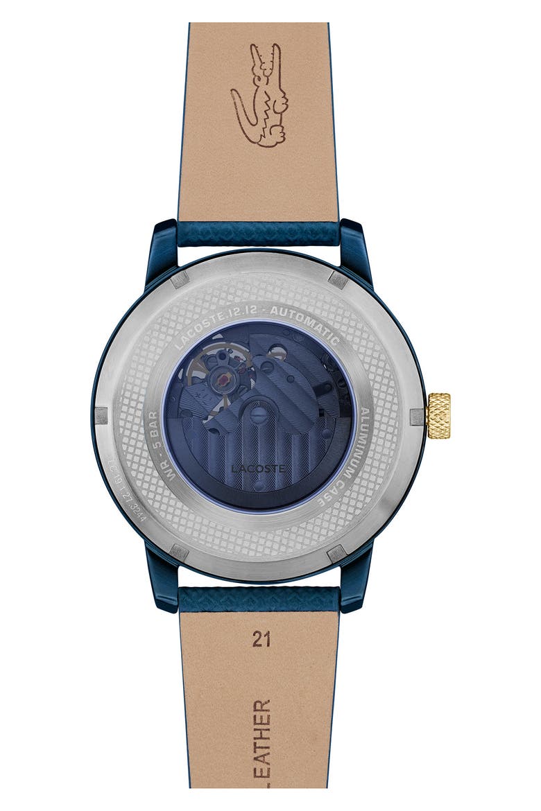 12.12 Automatique Leather Strap Watch, 44mm, Alternate, color, BLUE