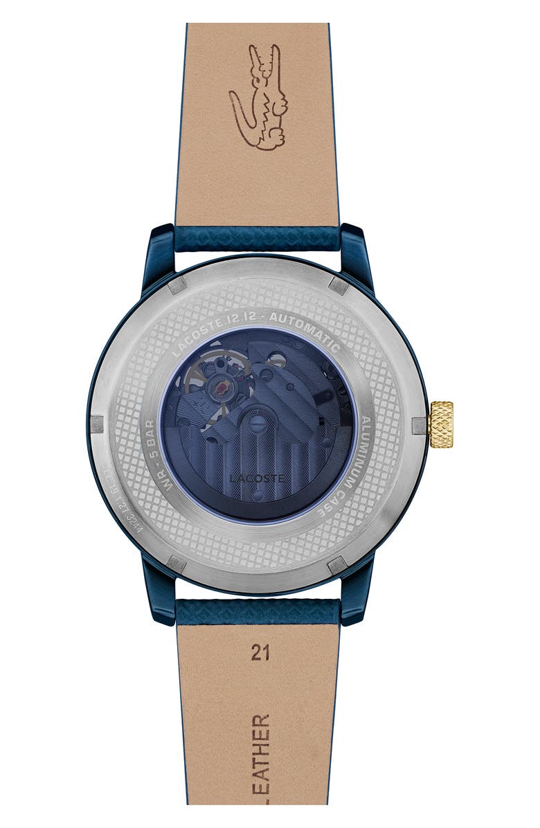 Lacoste 12.12 Automatique Leather Strap Watch, 44mm, Alternate, color, Blue