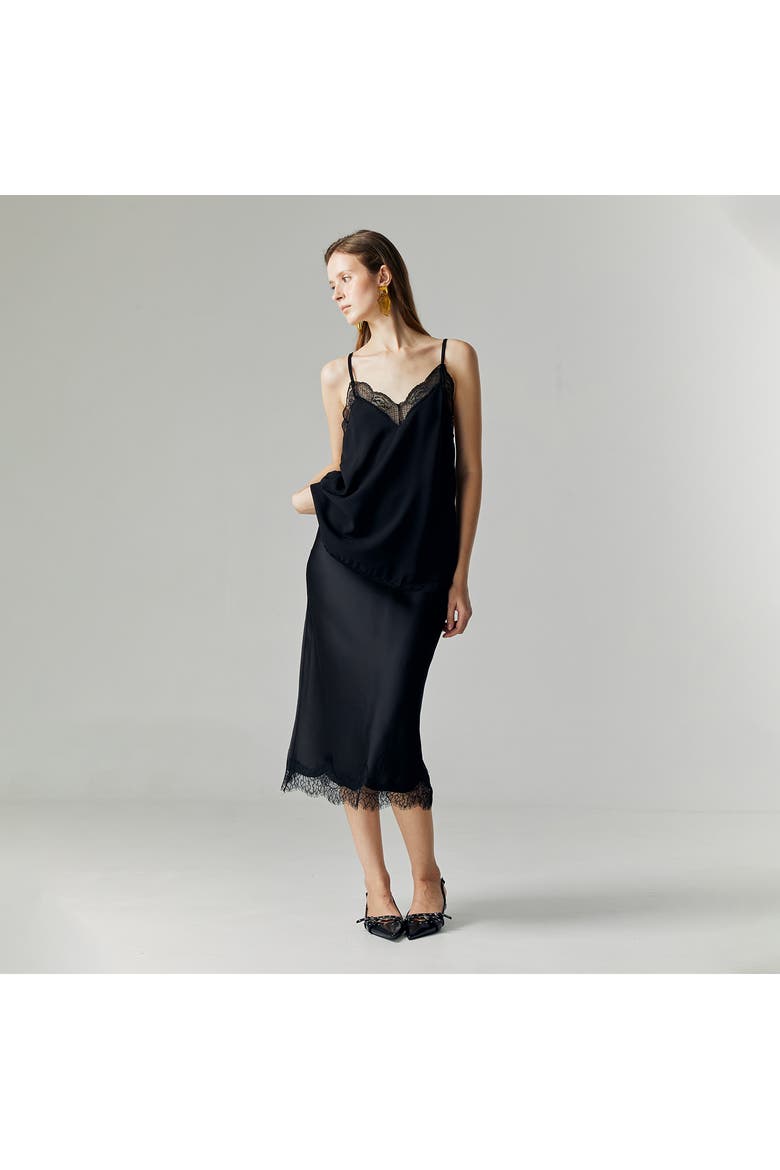 Althea Satin Lace Skirt, Alternate, color, Black