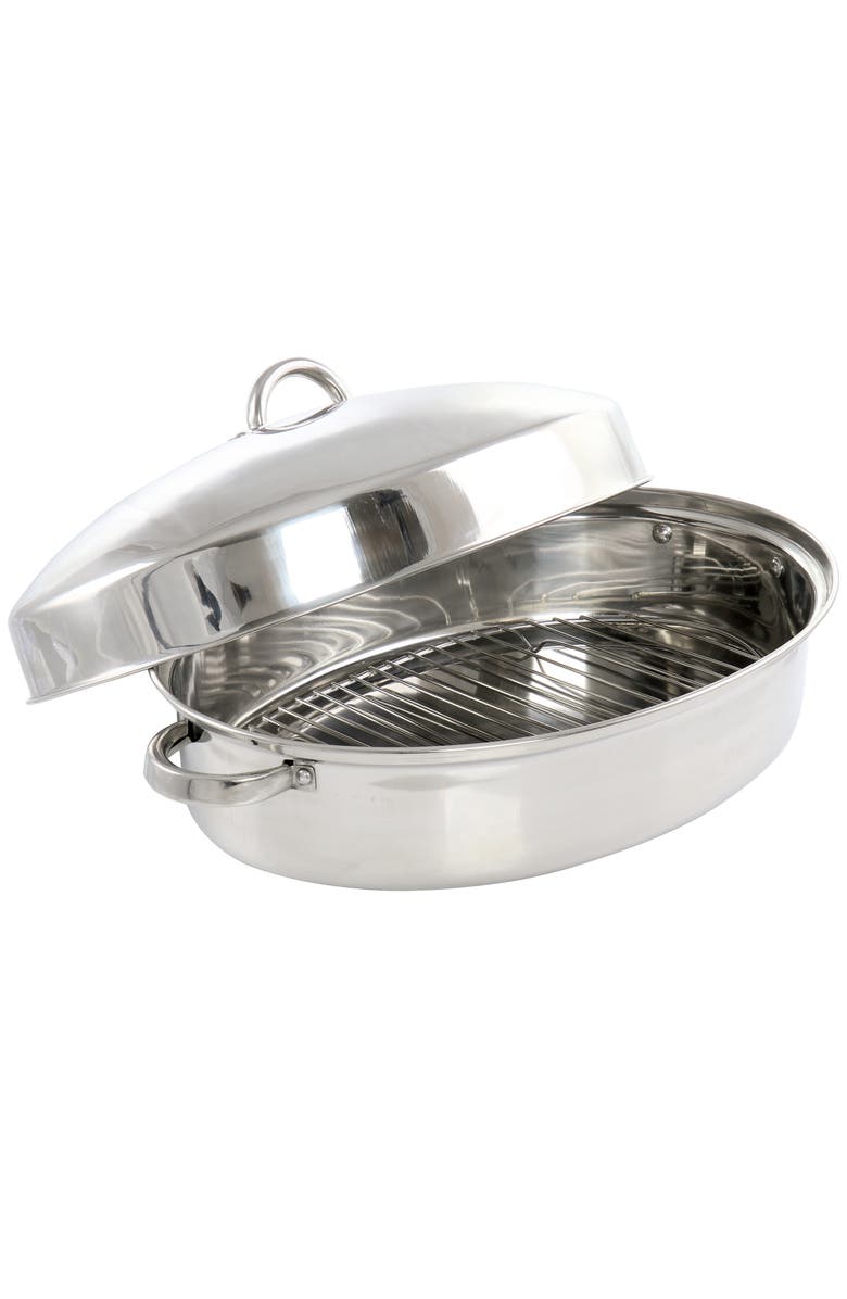 Gibson Home Hutchinson 18 Inch Oval Stainless Steel Roaster with Rack, Main, color, Grey