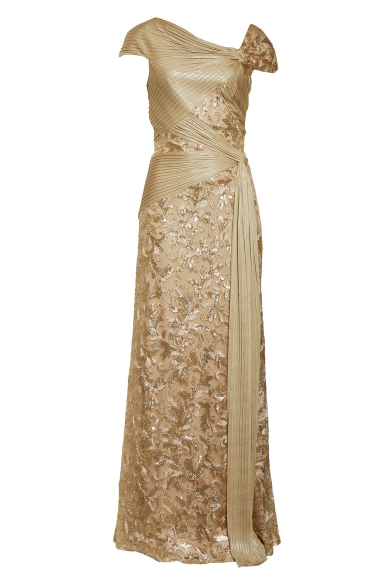 Pintuck Wrapped Embroidered Lace Gown, Alternate, color, GOLD