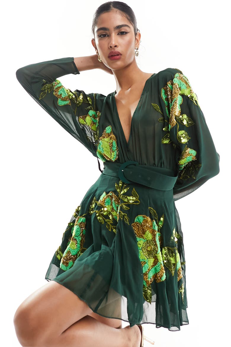 Sequin Embroidered Semisheer Long Sleeve Minidress, Alternate, color, GREEN