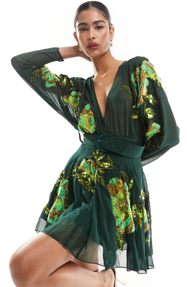 ASOS DESIGN Sequin Embroidered Semisheer Long Sleeve Minidress, Alternate, color,