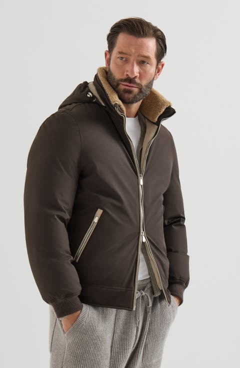 Stretch bonded nylon down jacket with detachable hood