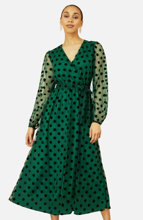Yumi Spot Mesh Wrap Midi Skater Dress In Green